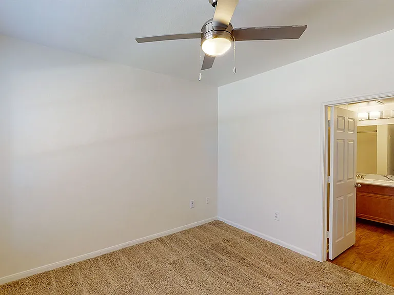 Spacious apartment bedroom with plush carpet flooring.