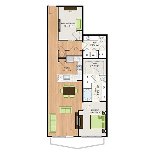 Floor plan One Bedroom Two Bath with Den (1287 SF)