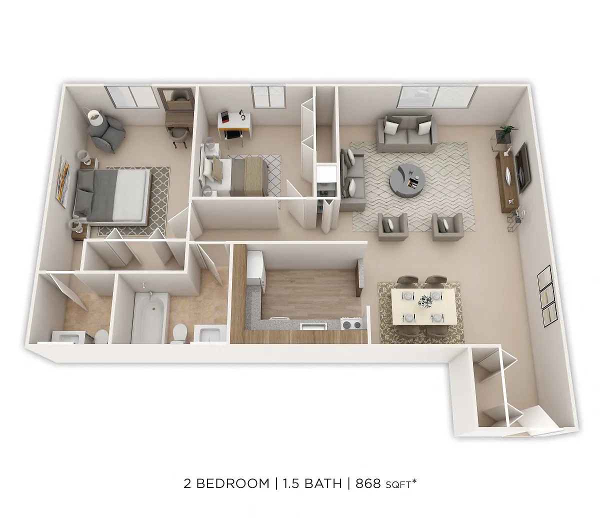 Floor plan Two Bedroom 1.5 Bath- 868 sqft