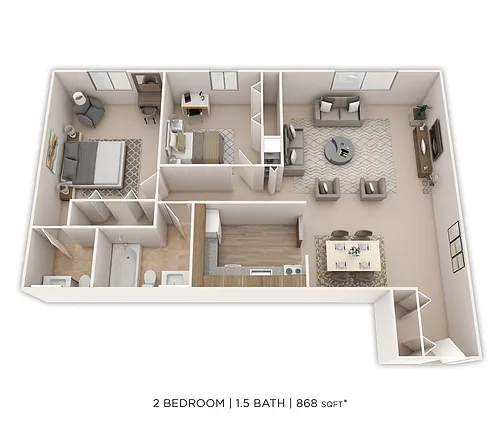 Floor plan Two Bedroom 1.5 Bath- 868 sqft
