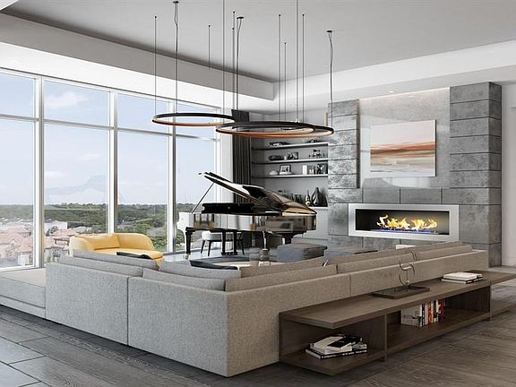 Floor-to-ceiling window walls on south side of building in living areas; floorplan open to kitchen and diningareas, all with wood floors; pre-wired for sound, cable TV and phone; fireplace optional in select residences.Rendering shown is an example a