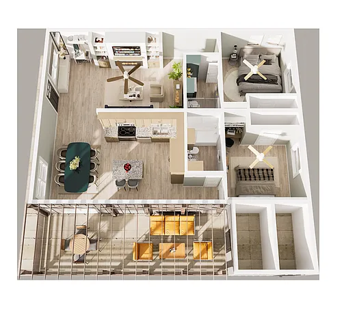 Floor plan 2-BR with Patio and Storage