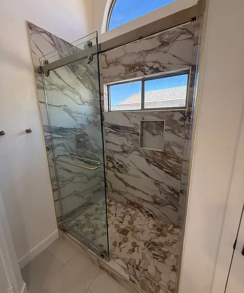 Primary shower with gorgeous tile
