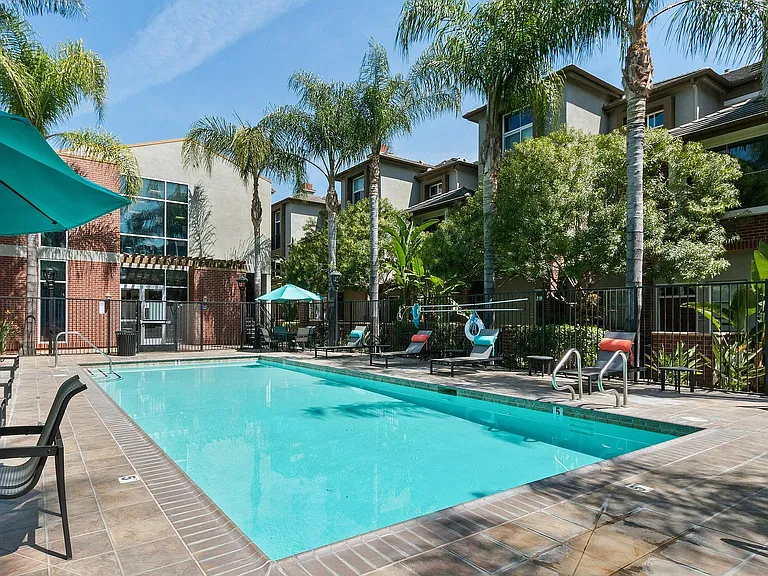 Relaxing pool area surrounded by palm trees.