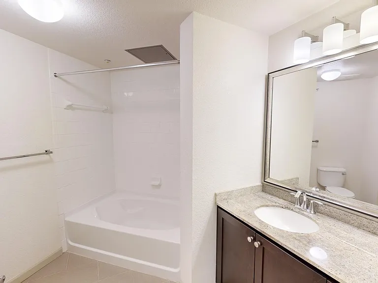 Apartment bathroom with wood-style flooring.