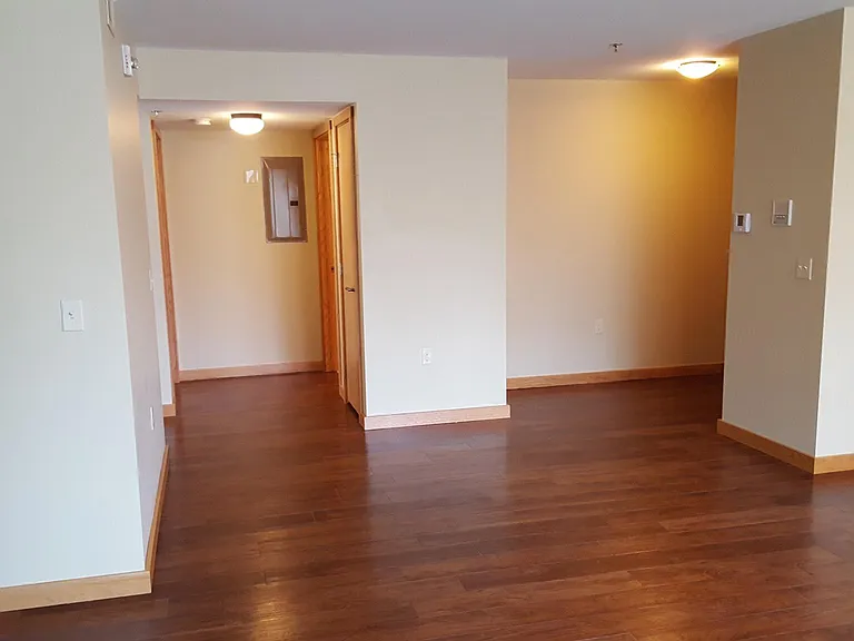 Standing in living room, looking towards entry (on right) and bedrooms and bathroom (straight ahead and left side of hallway)