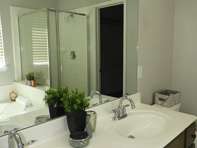 Primary bathroom with double sinks, standing shower, garden tub and walk through to closet.
