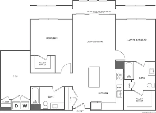 Floor plan Two Bedroom Two Bath (1,255 SF)