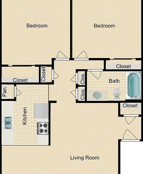 2 Bed 1 Bath Floorplan Diagram