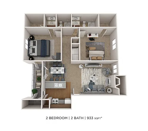 Floor plan Two Bedroom 2 Bath- 933 sqft