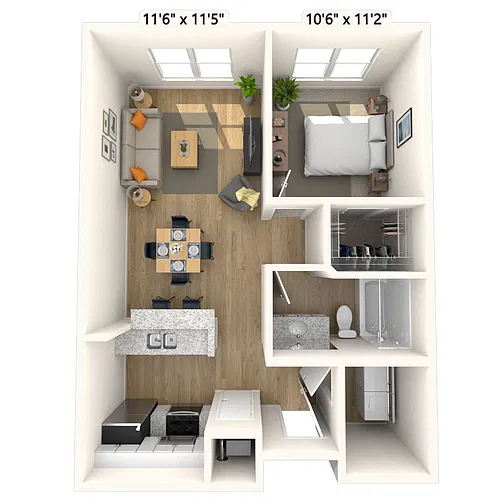 Floor plan Traditional 1x1 676 SF