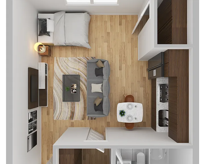 Explore the efficient layout of this cozy studio apartment, designed for contemporary living. Explore the efficient layout of this cozy studio apartment, designed for contemporary living.