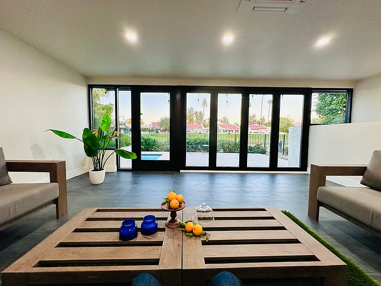 Nice, big indoor patio with expansive glass door.