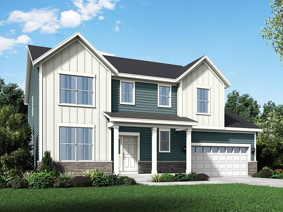 Farmhouse exterior elevation rendering Sheridan II Stonebridge new home community in Hawthorn Woods