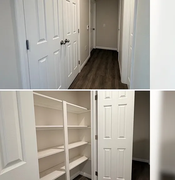 HALLWAY looking towards BEDROOMS, Pantry shown - plenty of kitchen storage