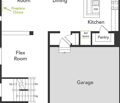 A view of the first floor layout and garage