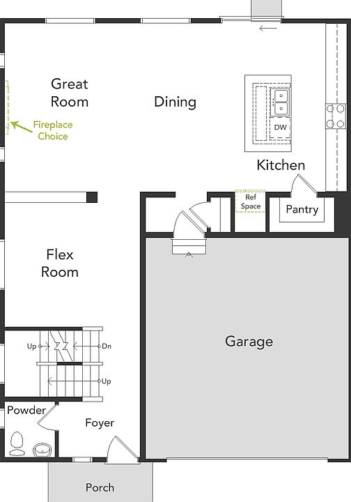 A view of the first floor layout and garage