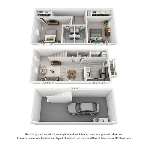 Floor plan 2 Bedroom, 2.5BA Townhome with drive under Garage