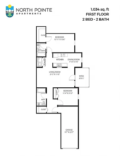 Floor plan 2 Bed, 2 Bath - 1,034 sq ft