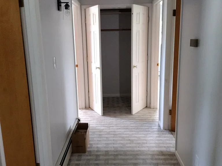wide hallway upstairs with 2 massive storage closets