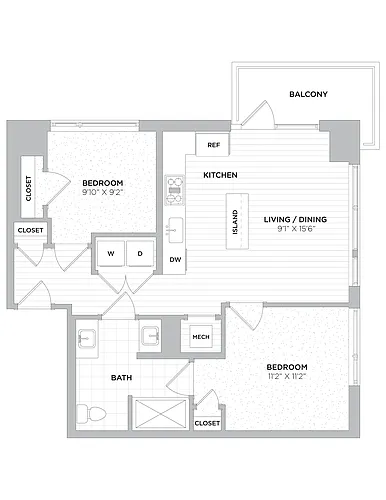 Floor plan 2 Bed/1 Bath-B1A