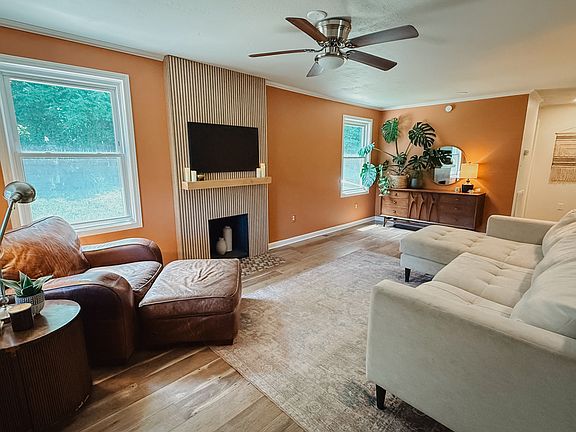 Open floor plan with a modern, mid-century feel