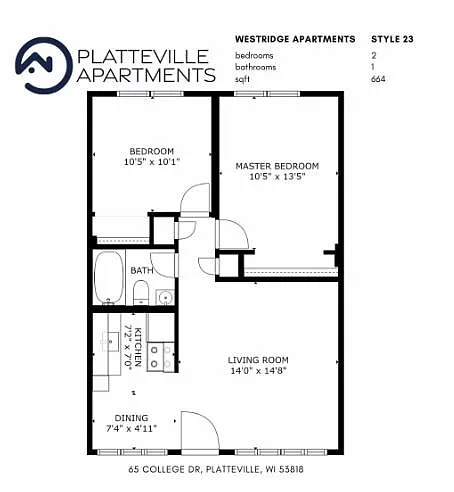 Floor plan 2 Bed, 1 Bath