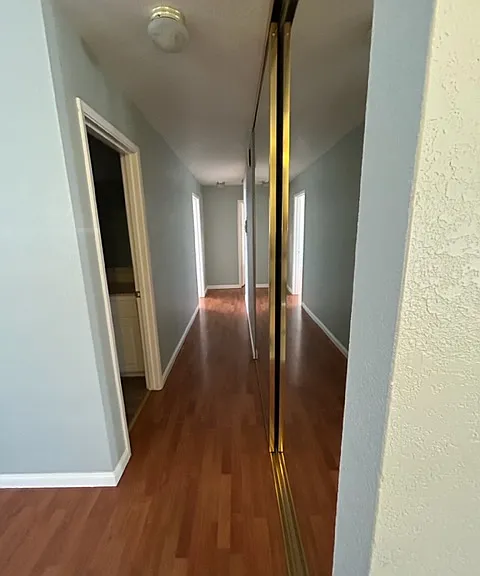 Hallway with mirrored hallway closet