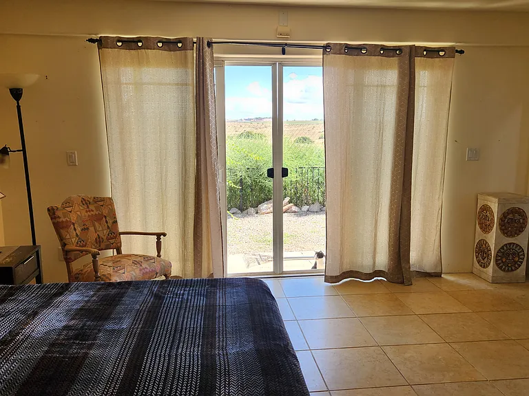 The master bedroom and smaller patio doors from the walk-in closet. There are now blackout curtains as well as the ones pictured (dual rods)