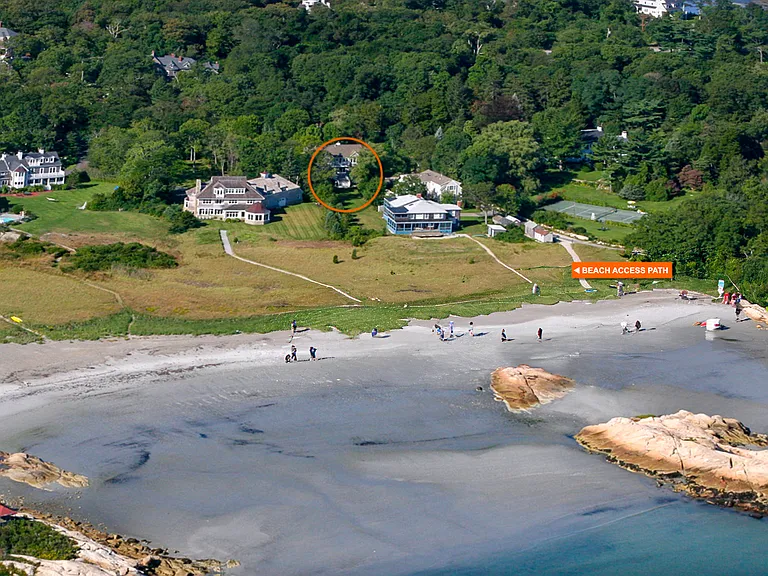 Overhead view of Sandy Cove, the beach access path off Lothrop, and the house (circled in orange).