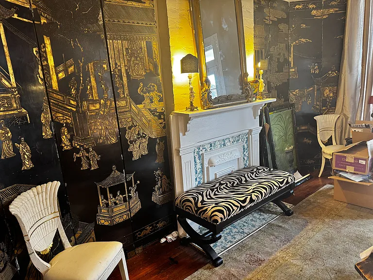 Zebra bench and screen in parlor.