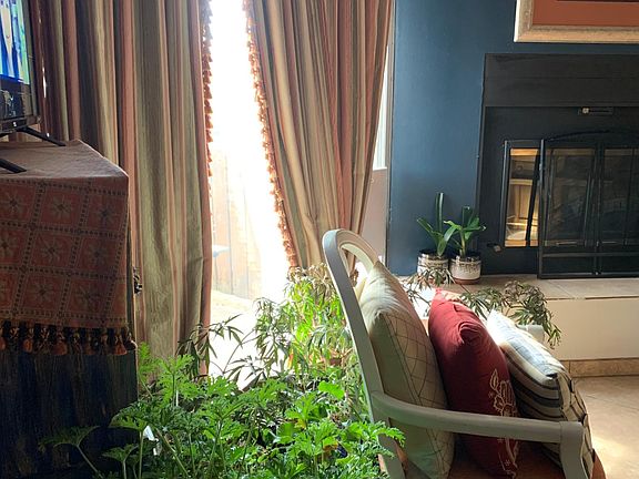View of patio door and fireplace.