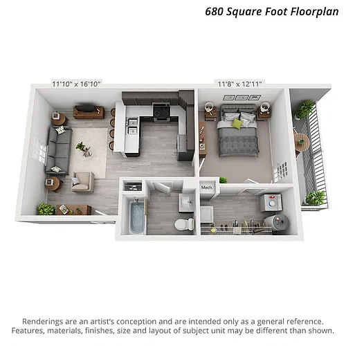 Floor plan 1 Bedroom Second Level - 680sf