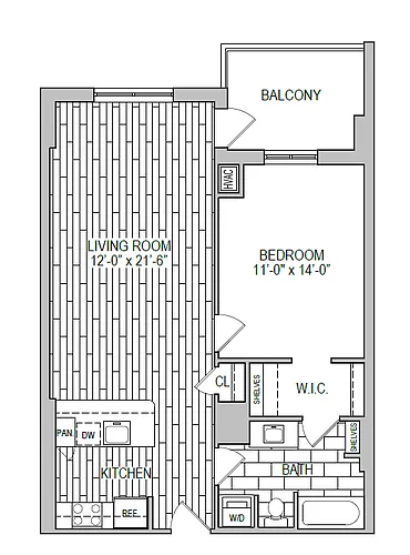 Floor plan 1x1 Modernized with Tub