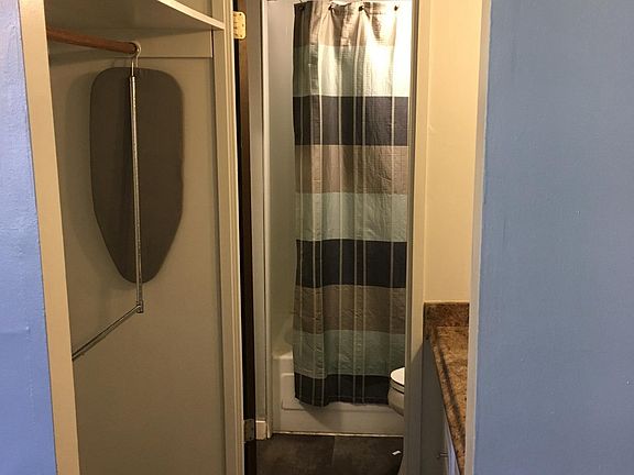 Bathroom and closet area. Large storage space above closet.