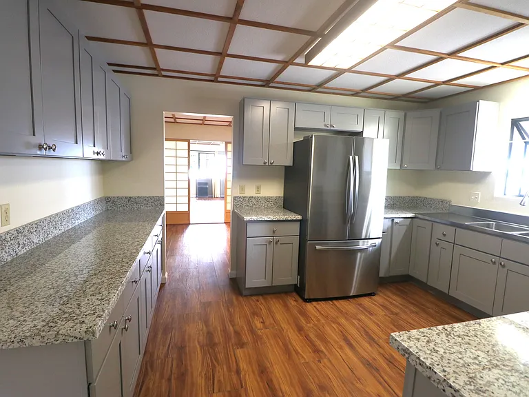Kitchen with quartzite counters and stainless steel applicances