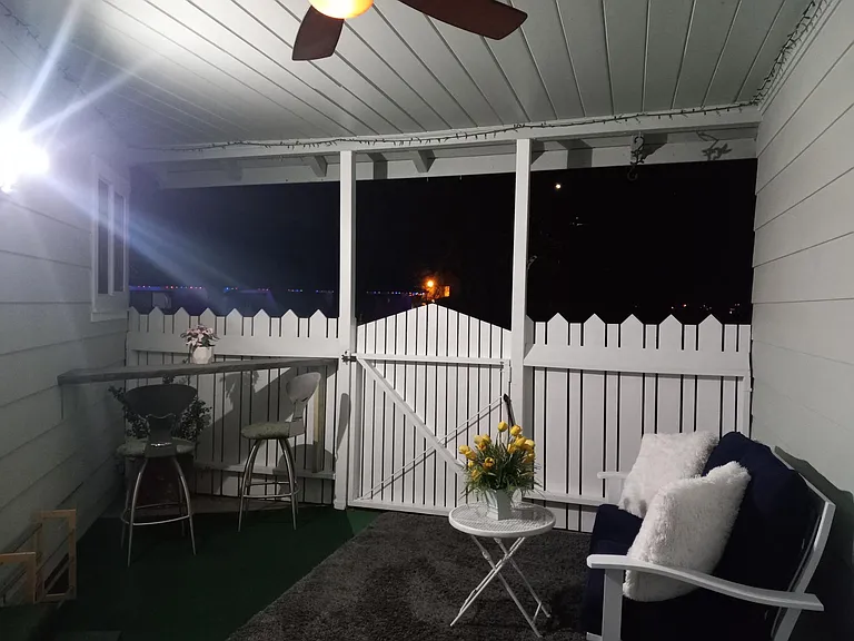 Breezeway at night with year round twinkle lights