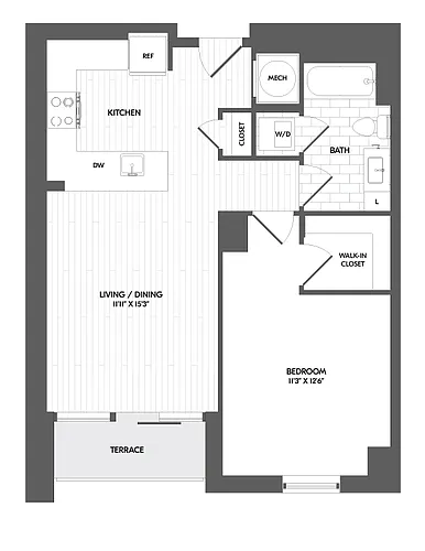 Floor plan 1 Bed/1 Bath Penthouse-PH 1M