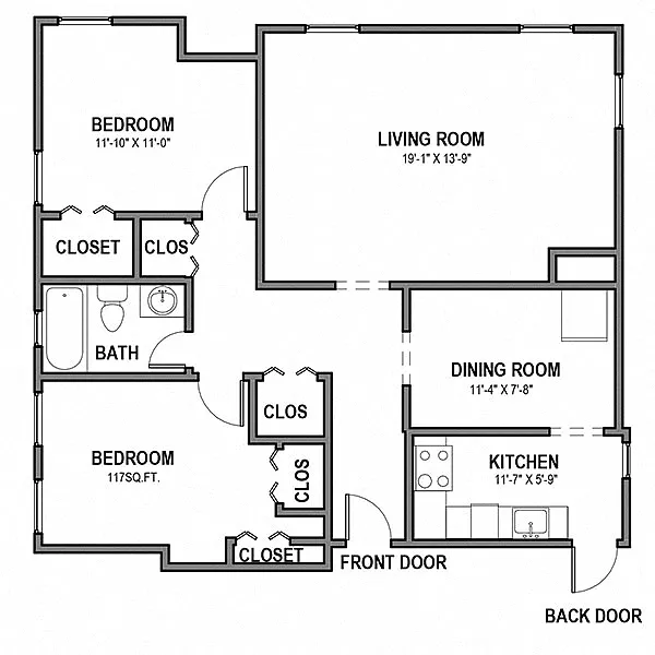 Floor plan 2 BR 1 Bath Units 3, 5, 7