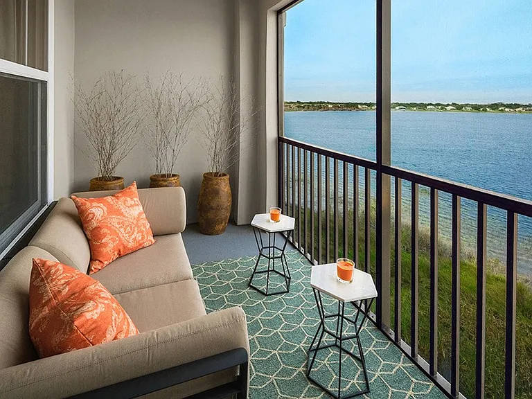 Homes feature screened-in patios and balconies