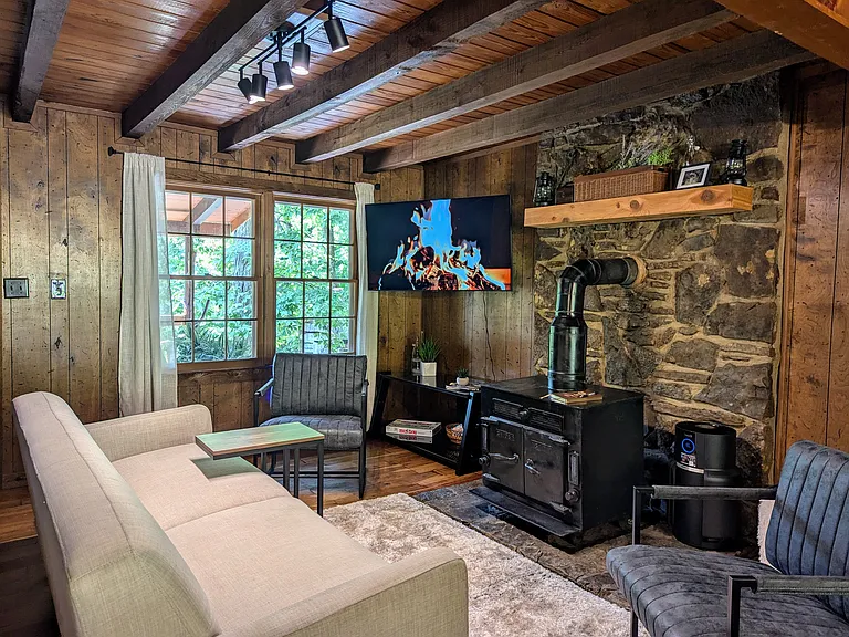 Living Room with 55" Samsung TV and (non-functioning) Wood Stove