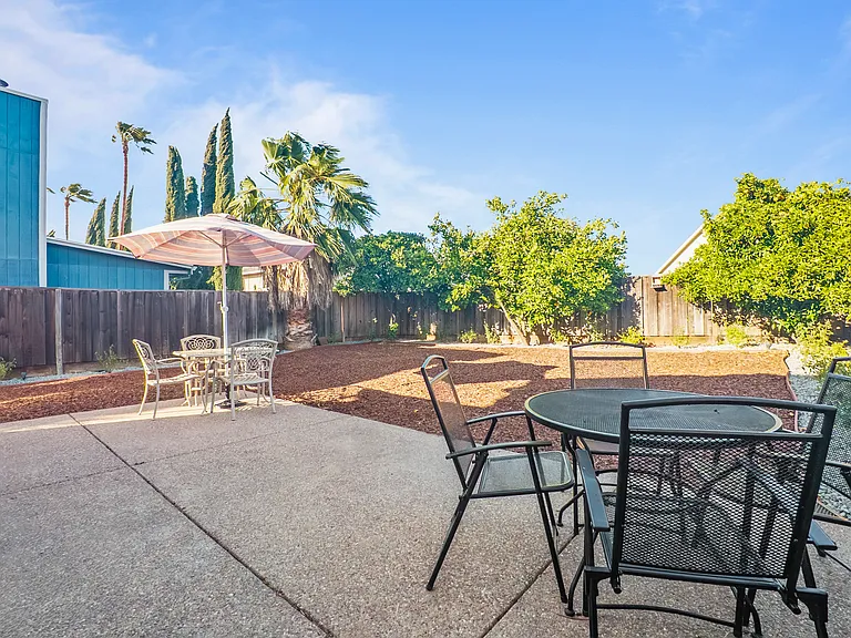 Step into the spacious backyard featuring a concrete patio with ample seating, a BBQ grill, and a charming garden adorned with fruit trees and blooming rose bushes_perfect for relaxing or entertaining