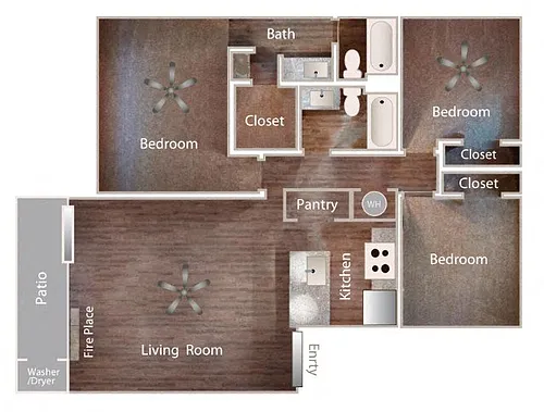 Floor plan Three Bedroom - Two Bath - Townhome