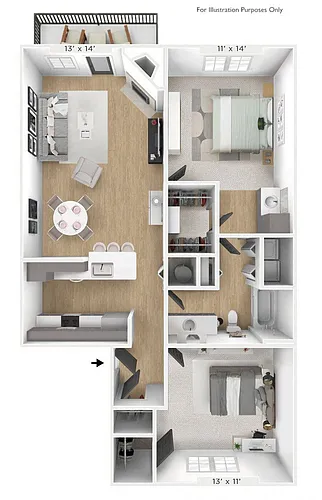 Floor plan The Meridian 2 BR 1 BA