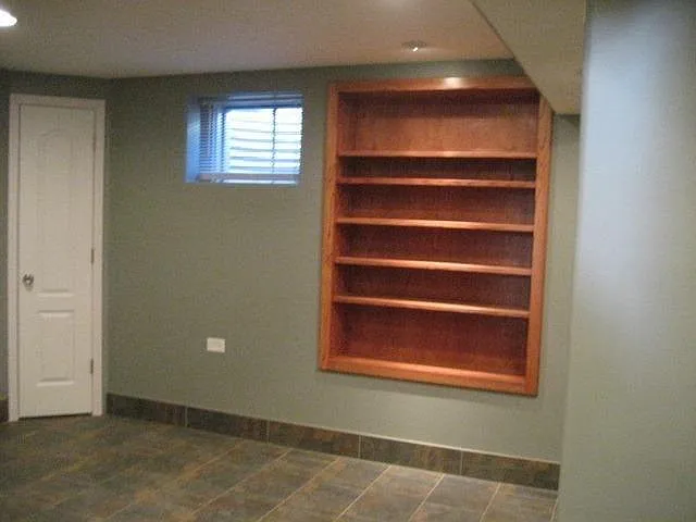 Partially Finished Basement Bookselves set in wall