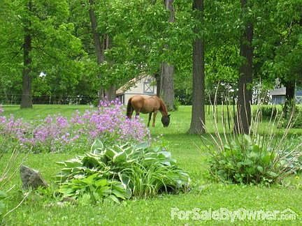 View of property with pasture and barn