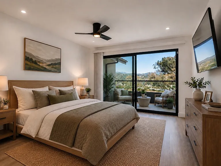 This is an oversized bedroom which faces east on the 2nd floor and has a balcony, TV and closet. The patio is great for sunrises and has a very private feeling.
