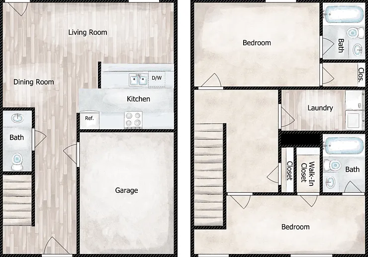 2 Bed 2.5 Bath Townhouse - Laurel Ridge II Floorplan Diagram