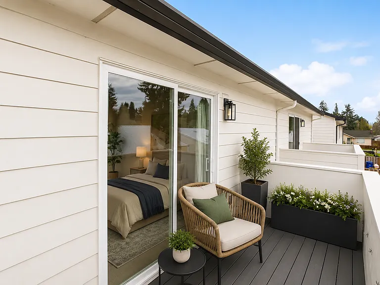 Primary bedroom balcony. 

Photos may include AI-generated virtual staging to help visualize the home's potential. Finishes and layout remain unchanged.