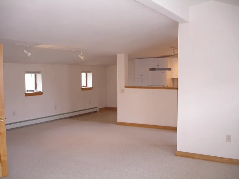 View of the dining area from the living area. Kitchen behind the wood covered divider.